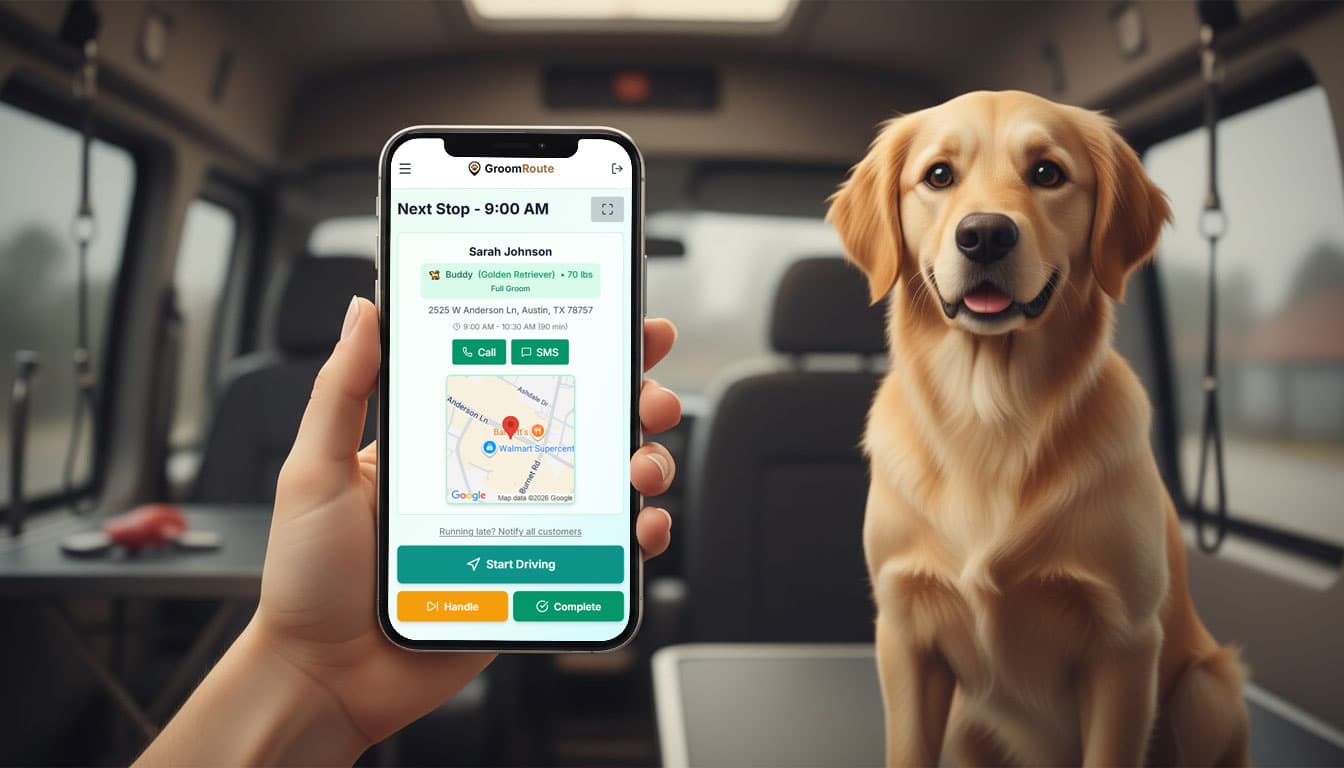 GroomRoute app showing optimized route - finally a calm day for mobile groomers